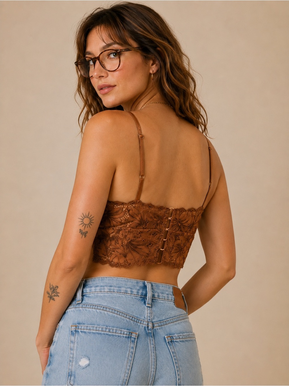 Aerie Brown Ribbed Lace Bralette Crop Top Adjustable Straps Women’s M